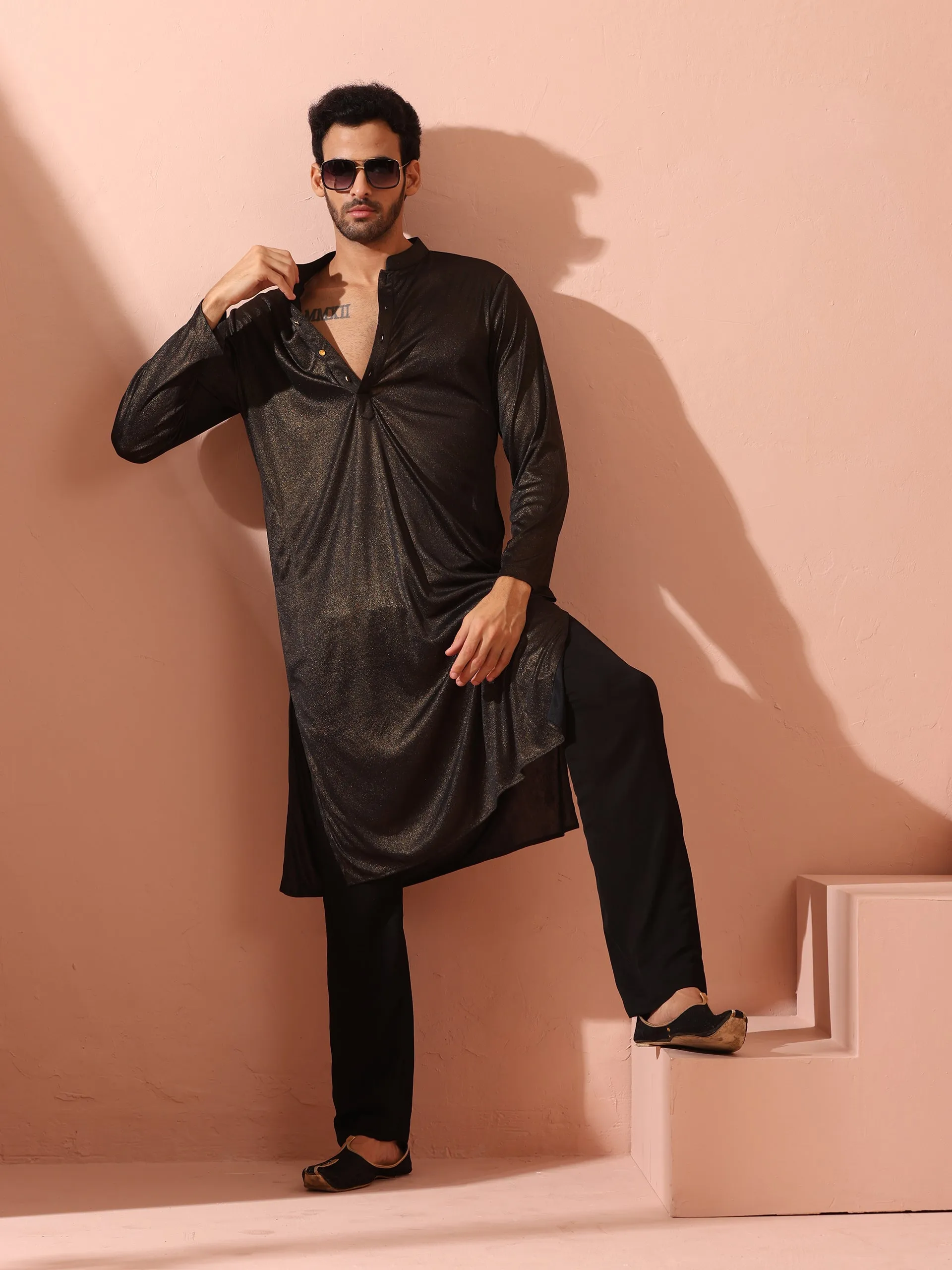 Black Gold Knit Kurta with Gold Buttons