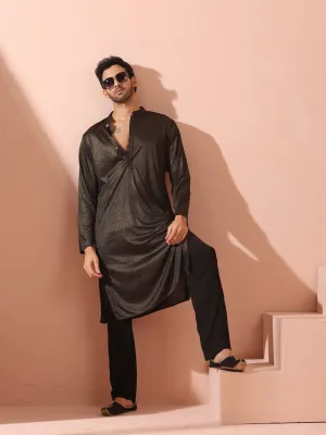 Black Gold Knit Kurta with Gold Buttons