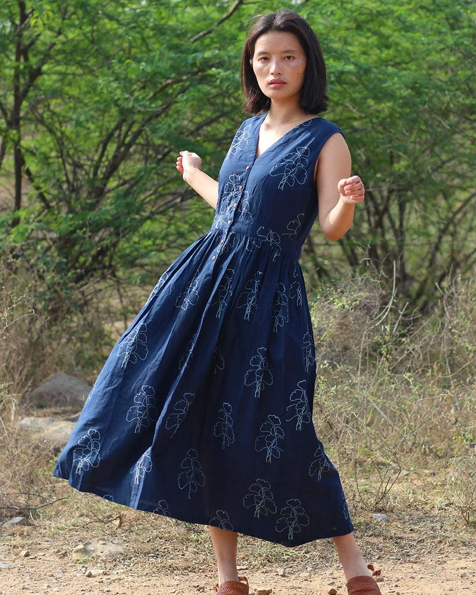 Blue Blockprinted Cotton Dress-Moh