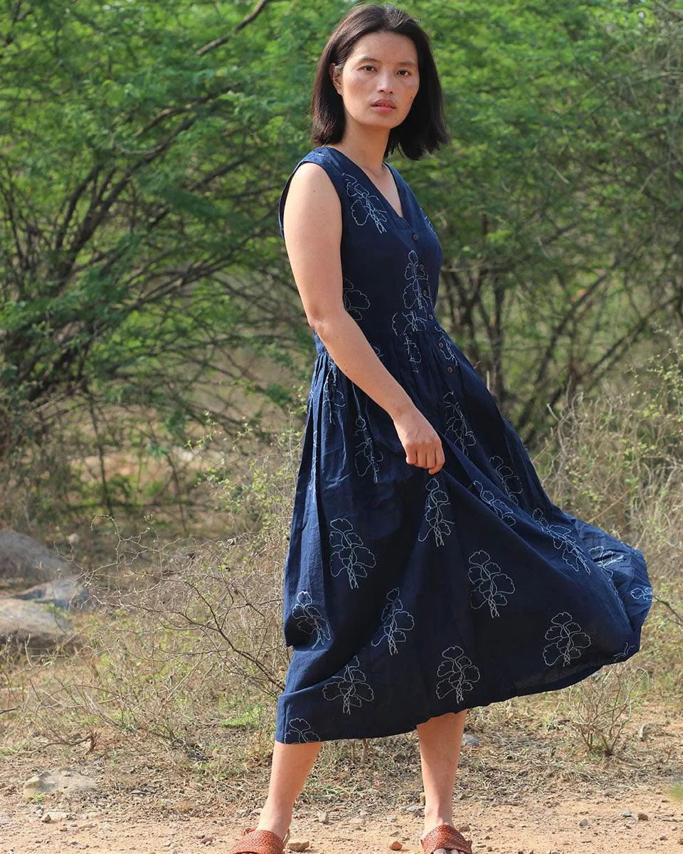 Blue Blockprinted Cotton Dress-Moh