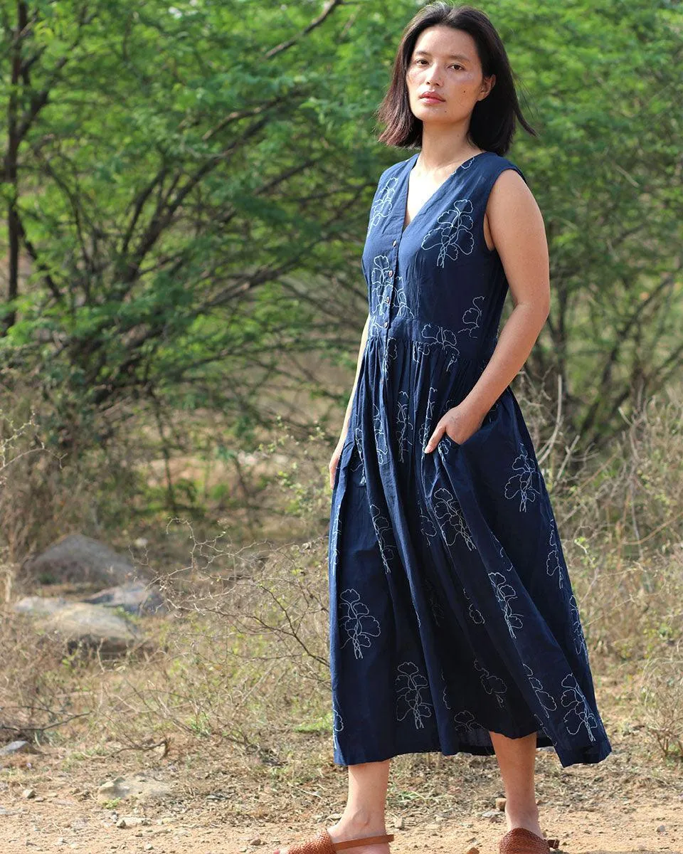 Blue Blockprinted Cotton Dress-Moh