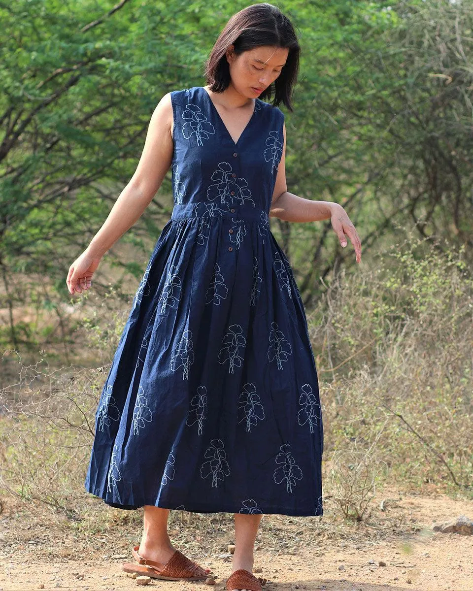 Blue Blockprinted Cotton Dress-Moh