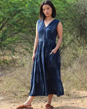 Blue Blockprinted Cotton Dress-Moh