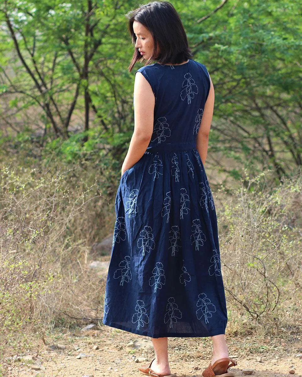 Blue Blockprinted Cotton Dress-Moh