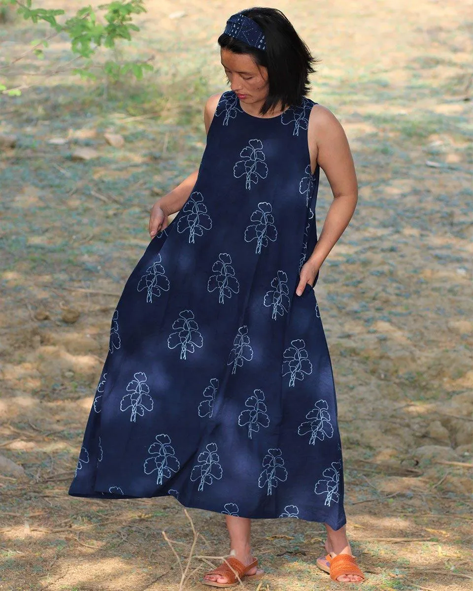Blue Blockprinted Wildflower Cotton Dress-Moh
