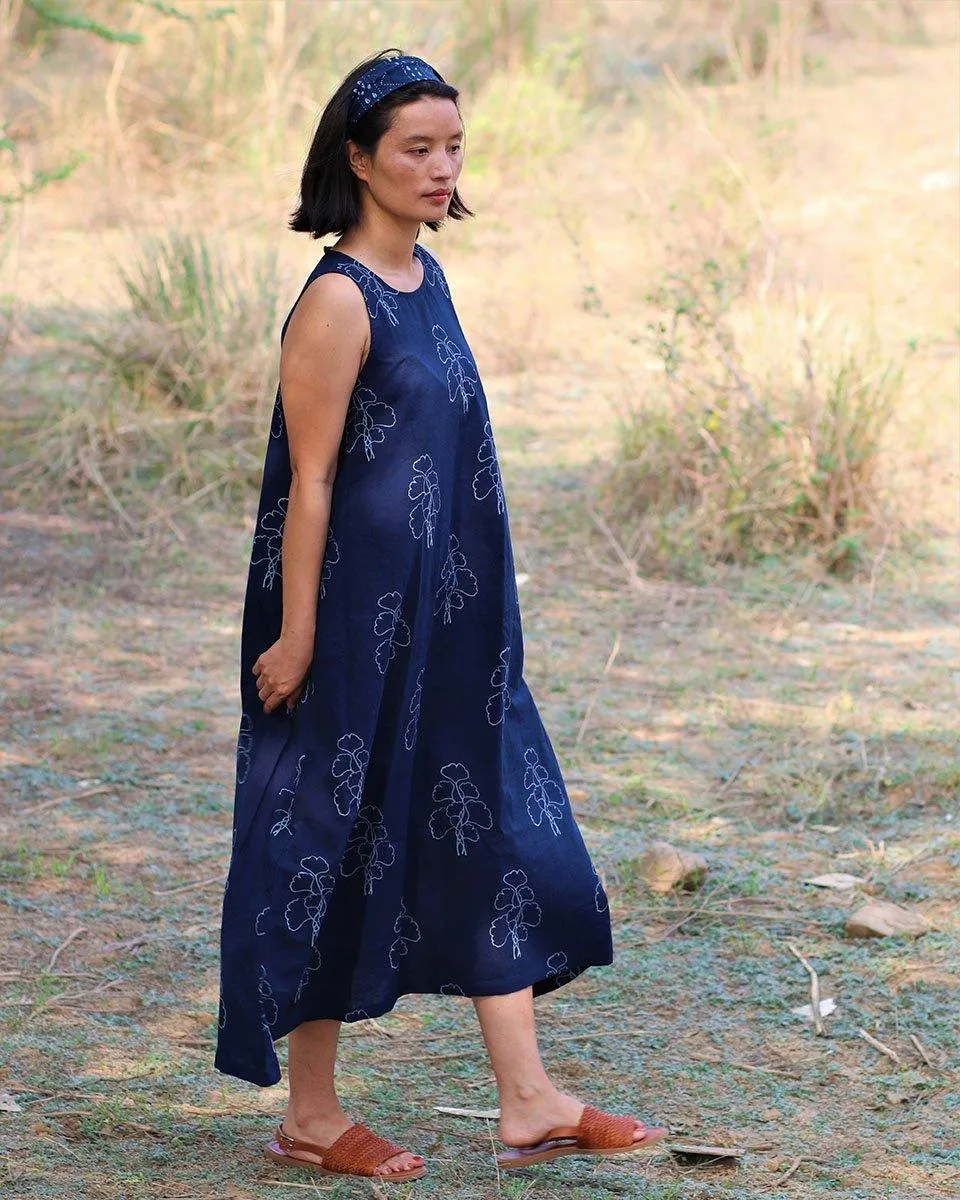 Blue Blockprinted Wildflower Cotton Dress-Moh