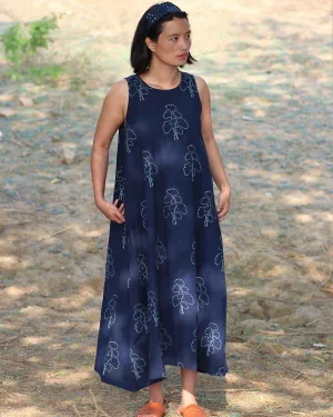 Blue Blockprinted Wildflower Cotton Dress-Moh