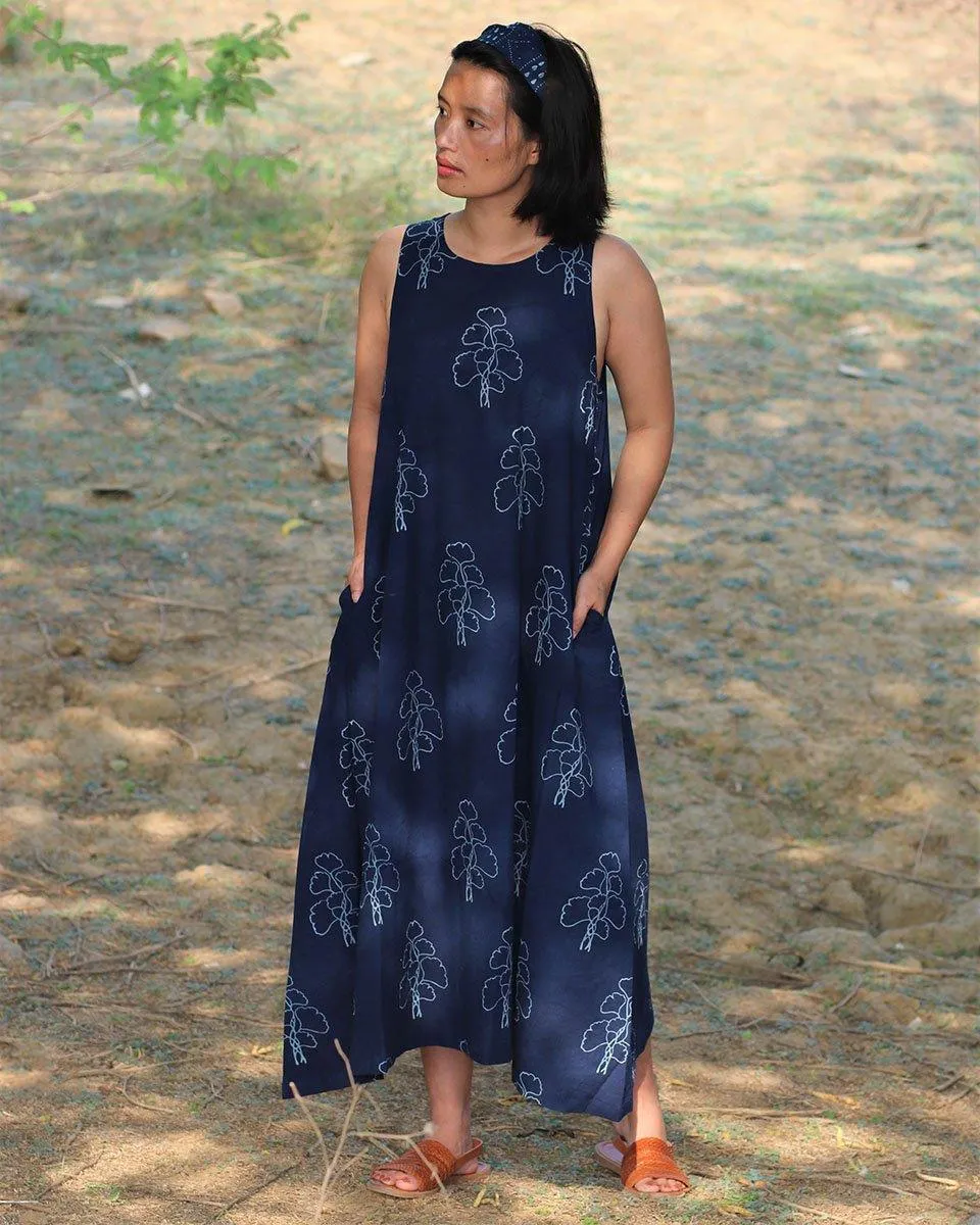 Blue Blockprinted Wildflower Cotton Dress-Moh
