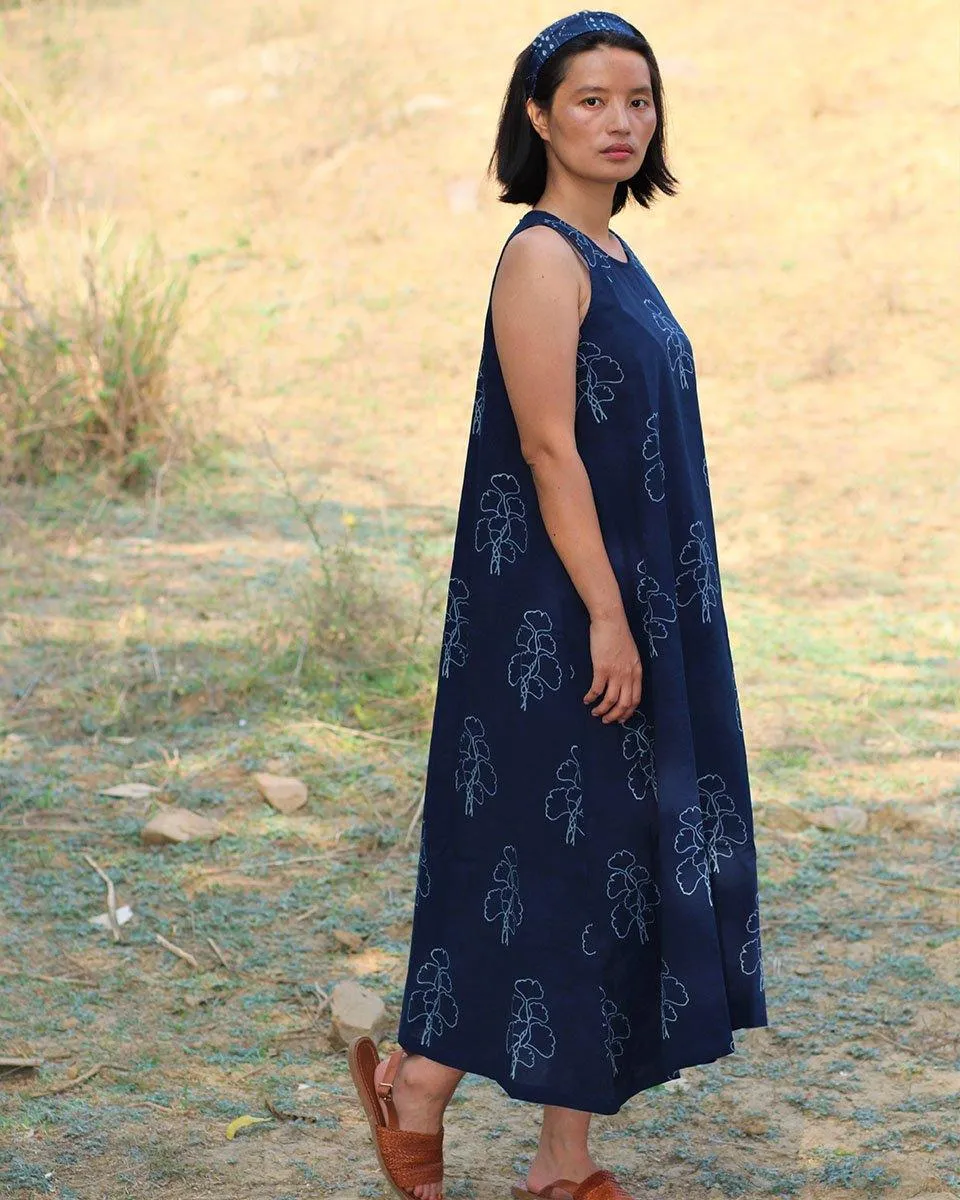 Blue Blockprinted Wildflower Cotton Dress-Moh