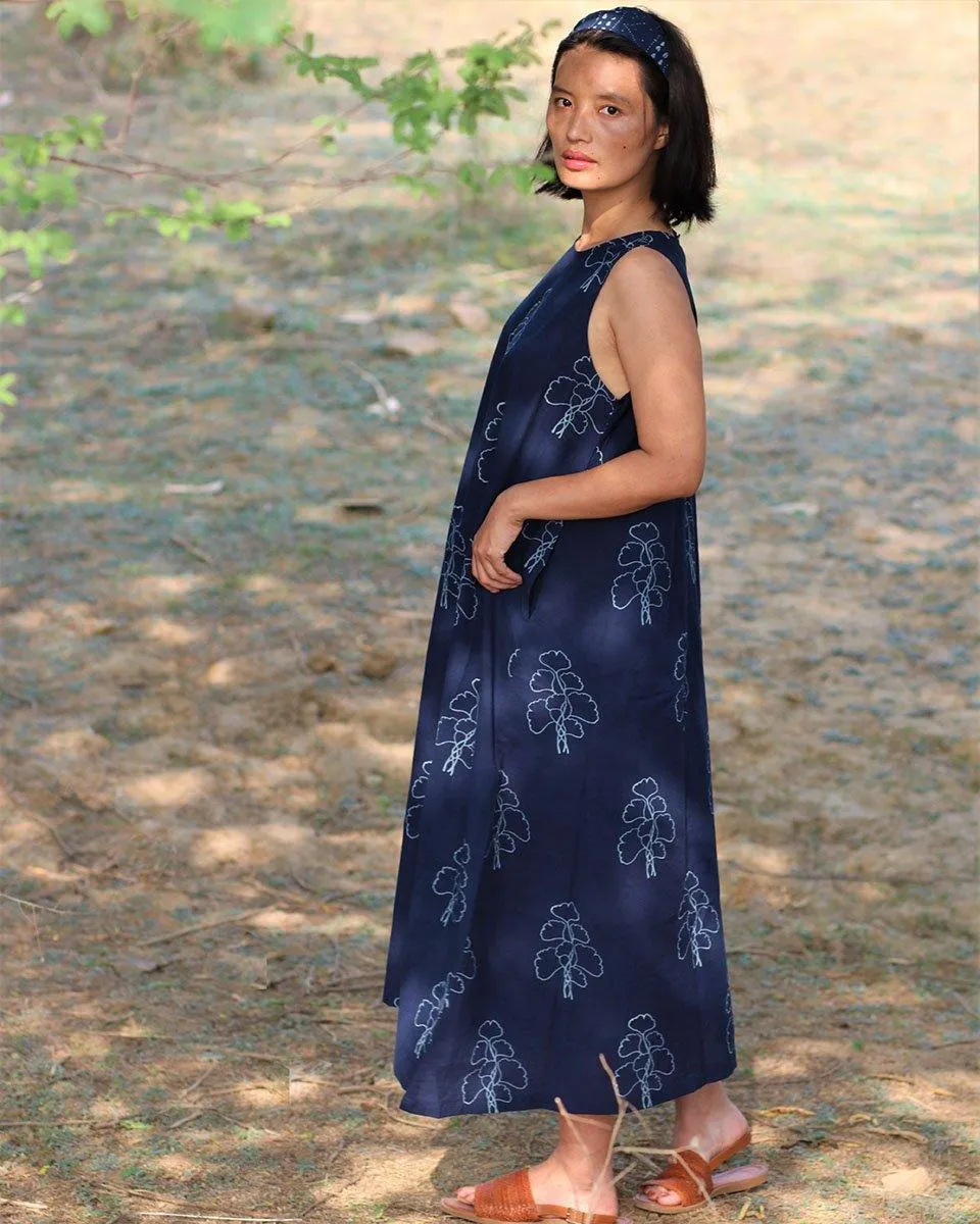 Blue Blockprinted Wildflower Cotton Dress-Moh