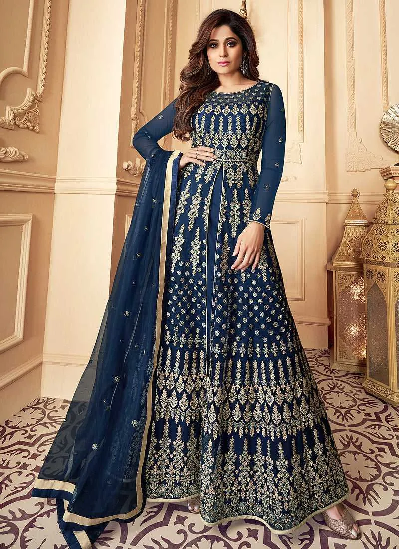 Blue Heavy Embroidered High Slit Style Anarkali