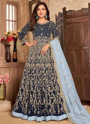 Blue Heavy Embroidered Kalidar Velvet Anarkali Suit
