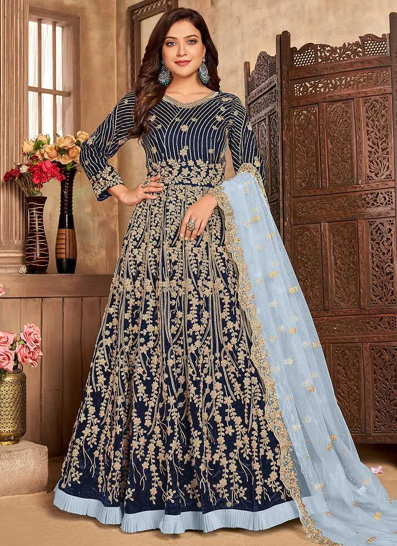 Blue Heavy Embroidered Kalidar Velvet Anarkali Suit
