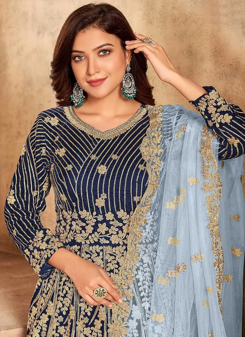 Blue Heavy Embroidered Kalidar Velvet Anarkali Suit