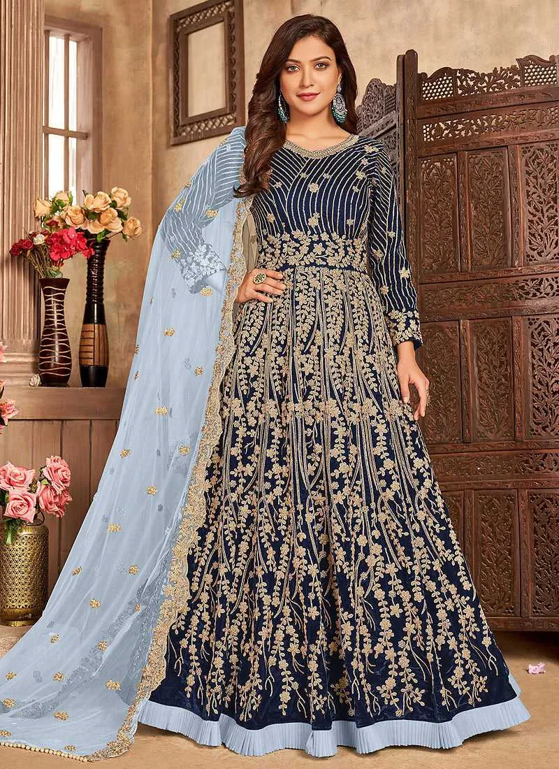 Blue Heavy Embroidered Kalidar Velvet Anarkali Suit