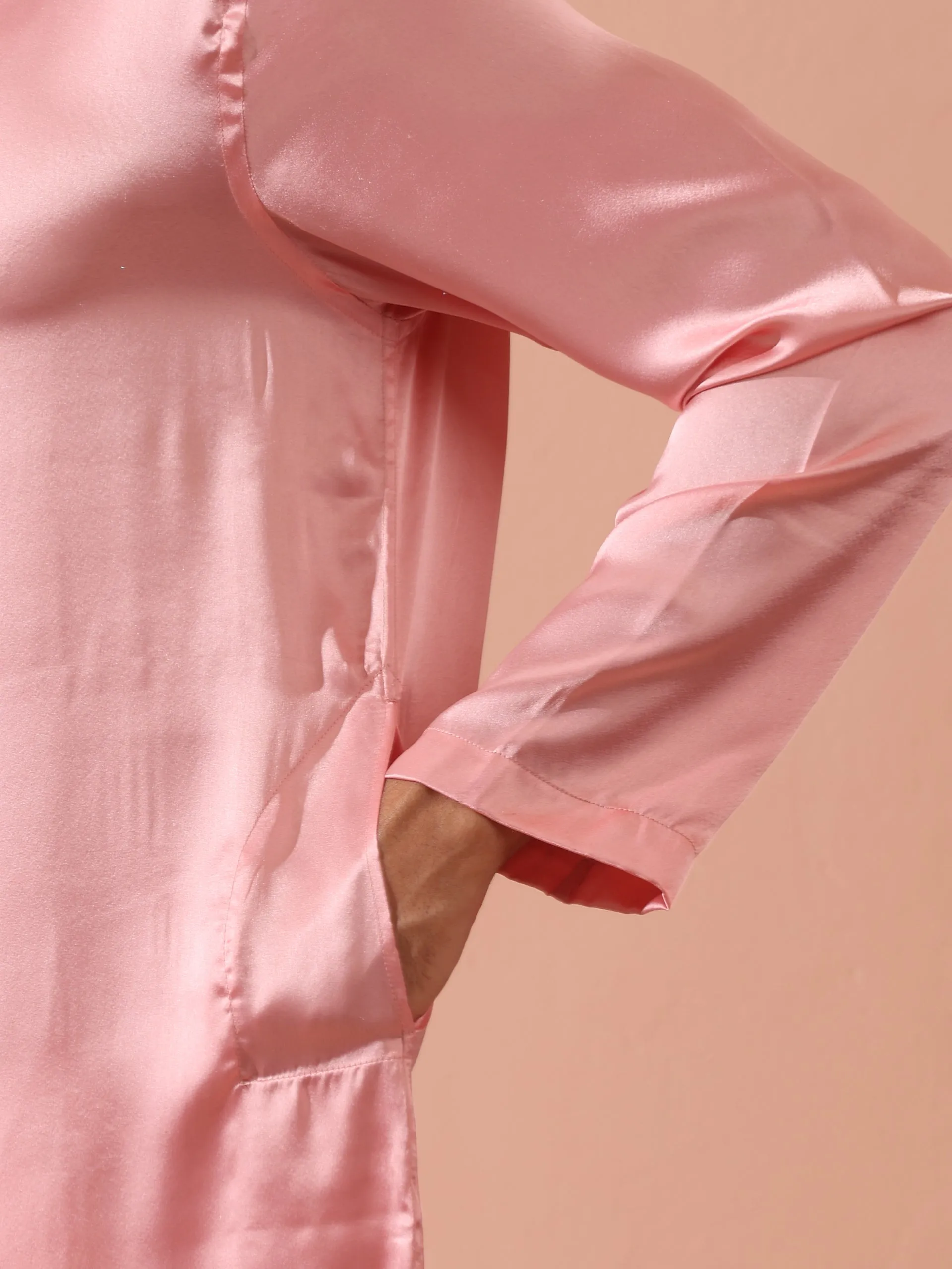 Blush Satin Kurta with Gold Buttons