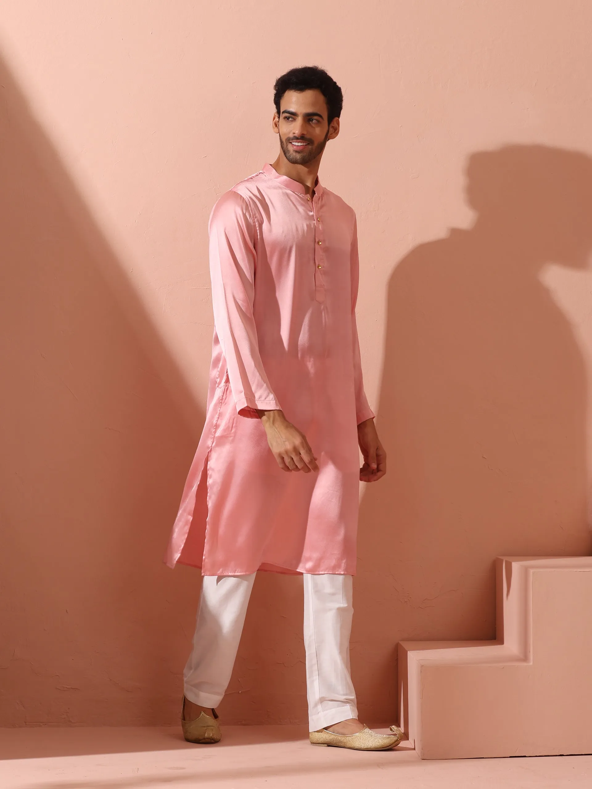 Blush Satin Kurta with Gold Buttons