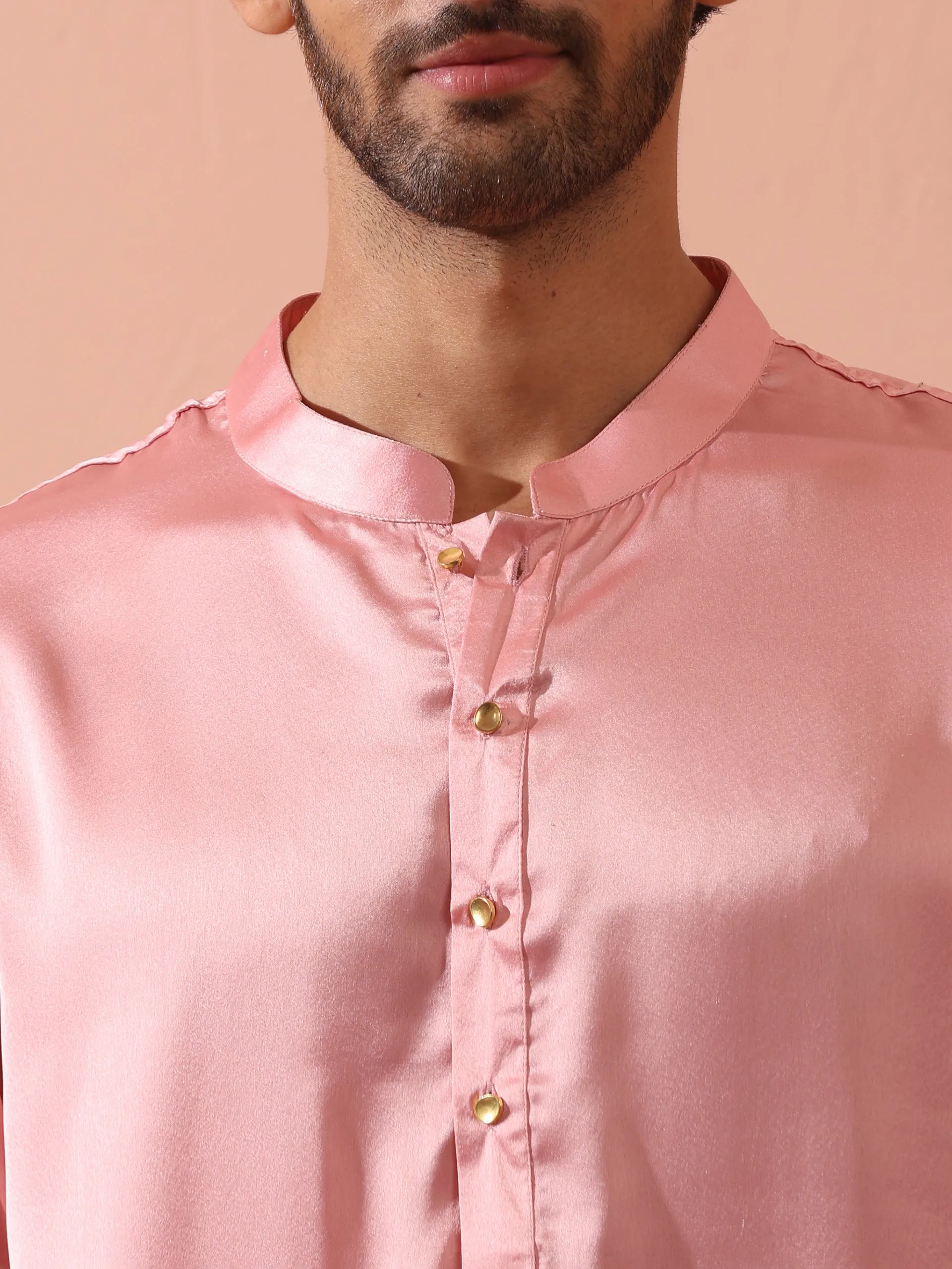 Blush Satin Kurta with Gold Buttons