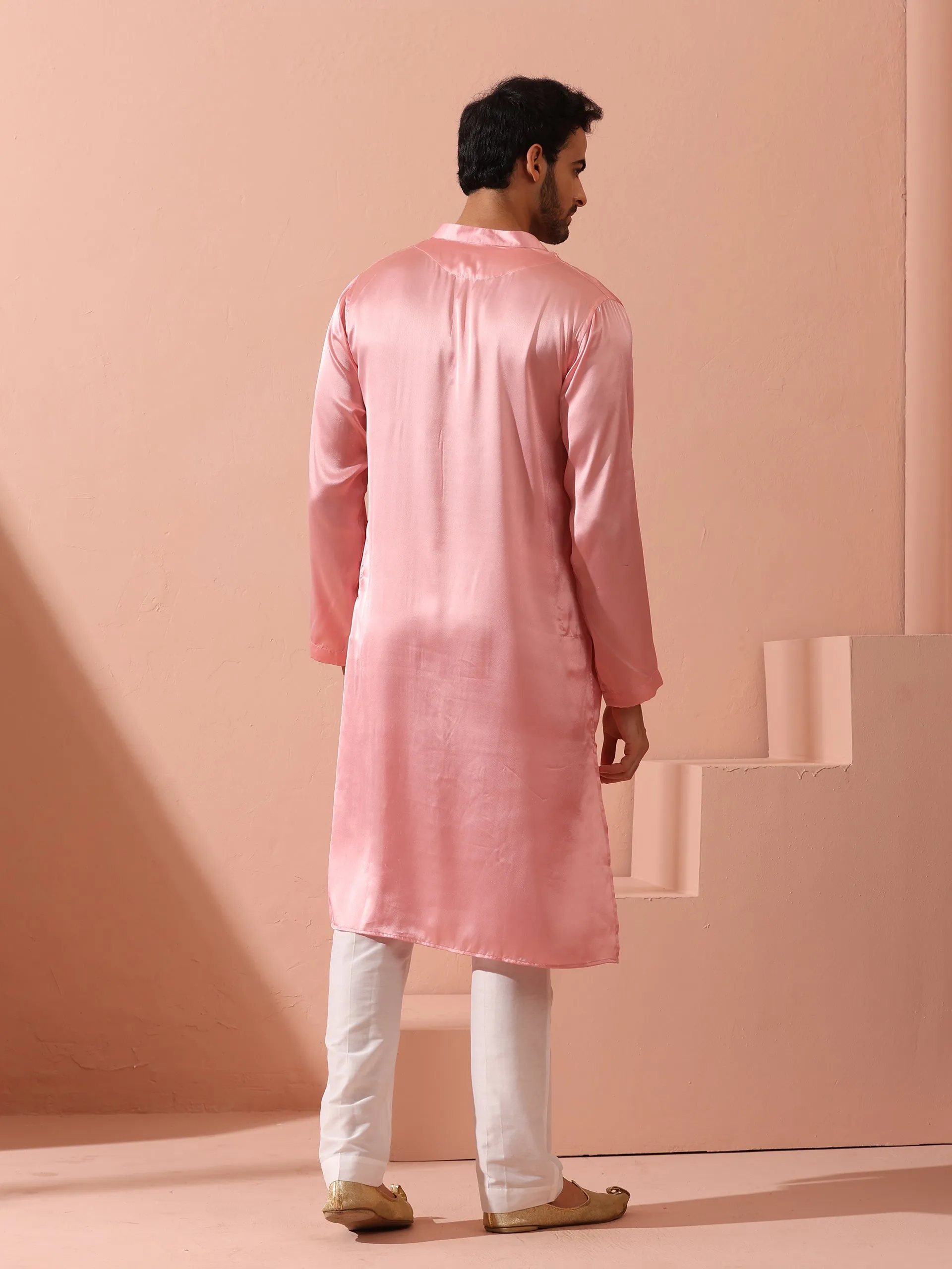 Blush Satin Kurta with Gold Buttons