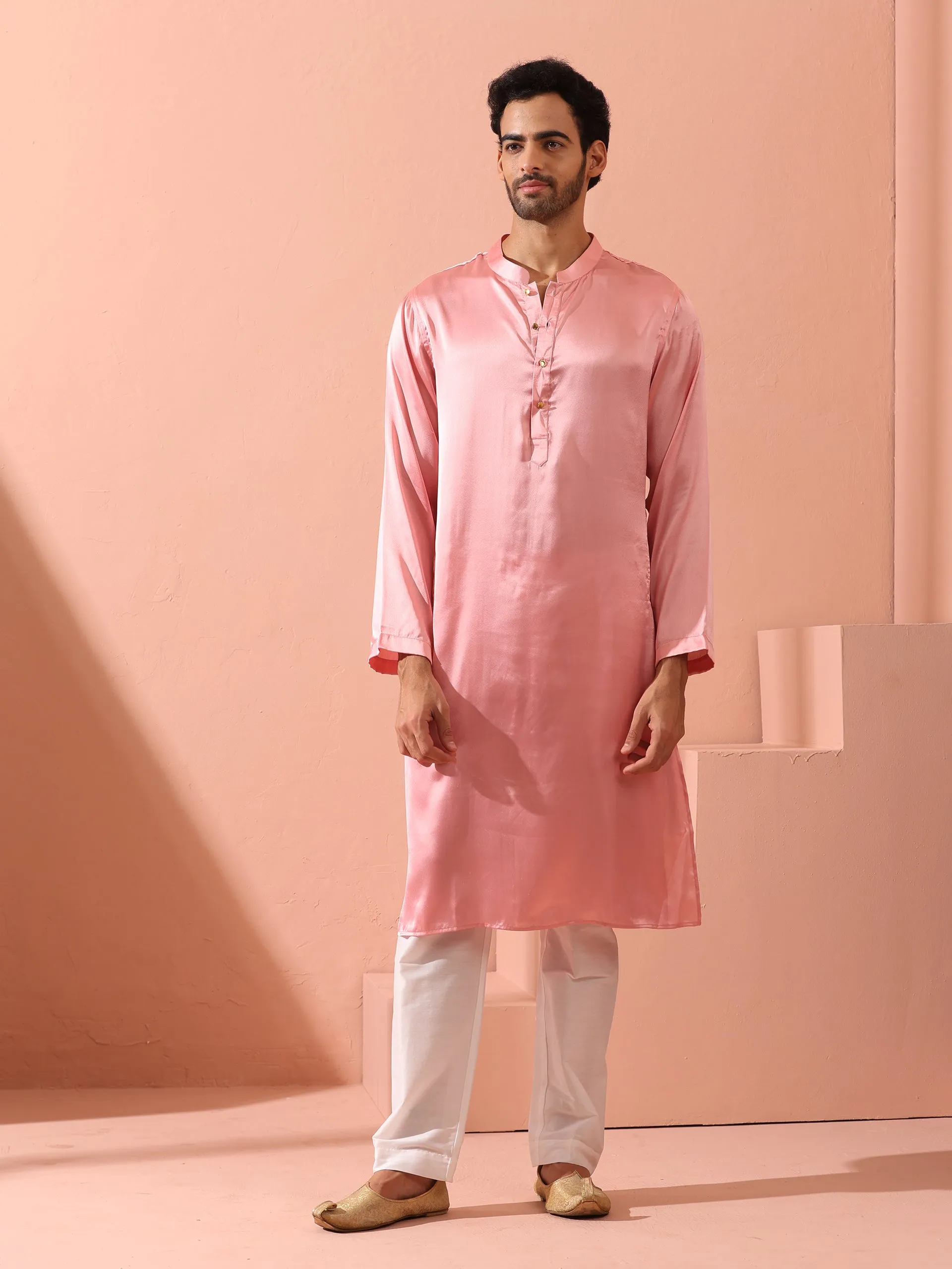 Blush Satin Kurta with Gold Buttons