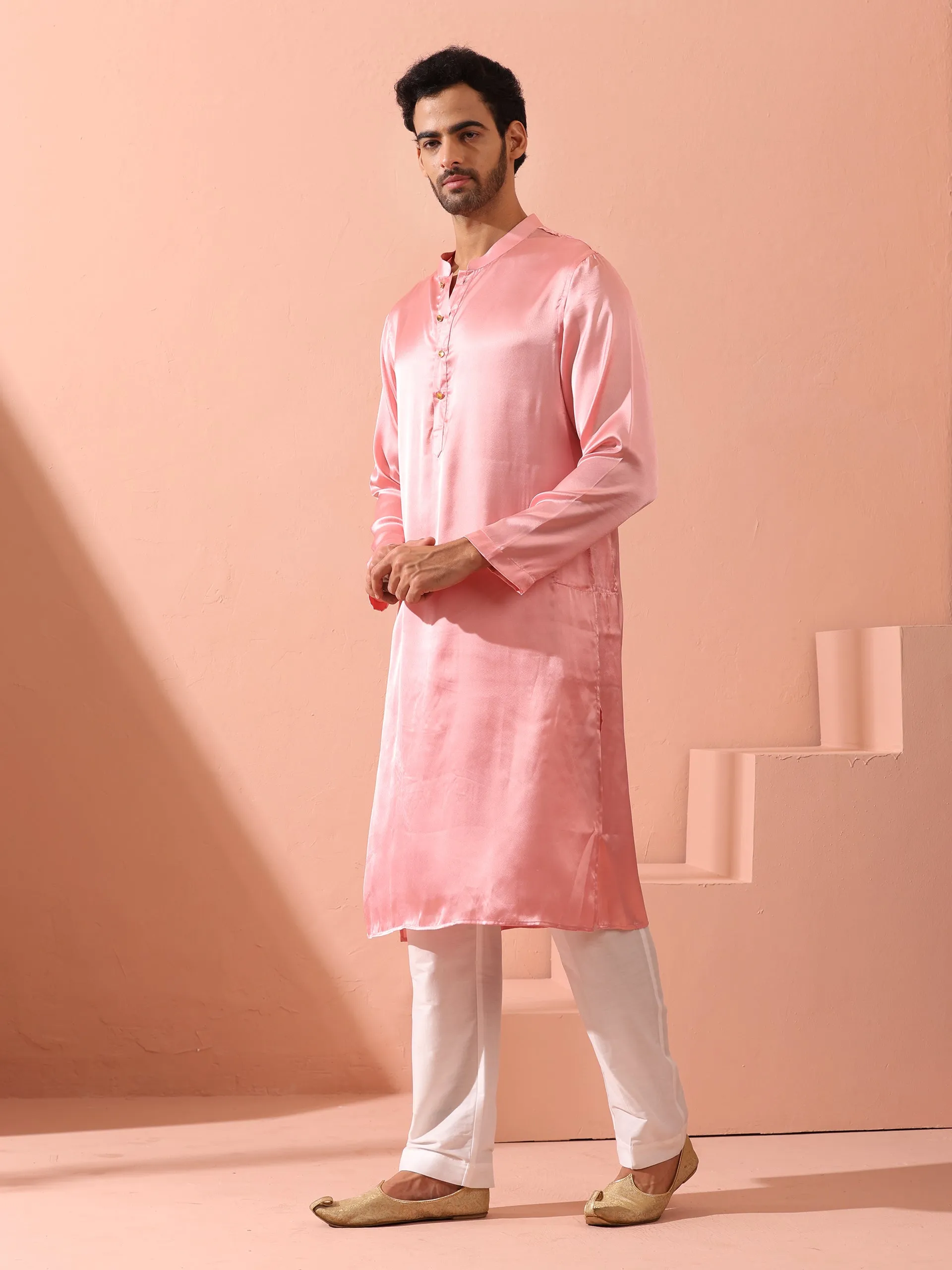 Blush Satin Kurta with Gold Buttons