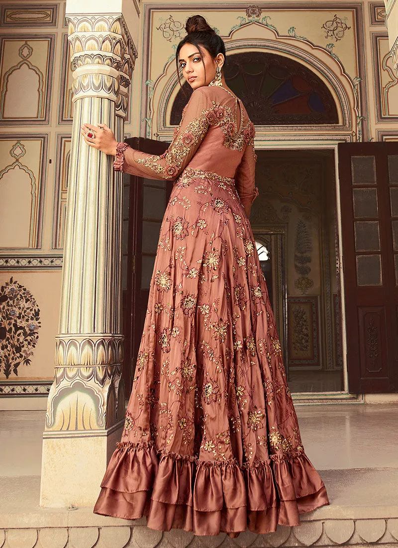 Burnt Red Embroidered Designer Anarkali Gown