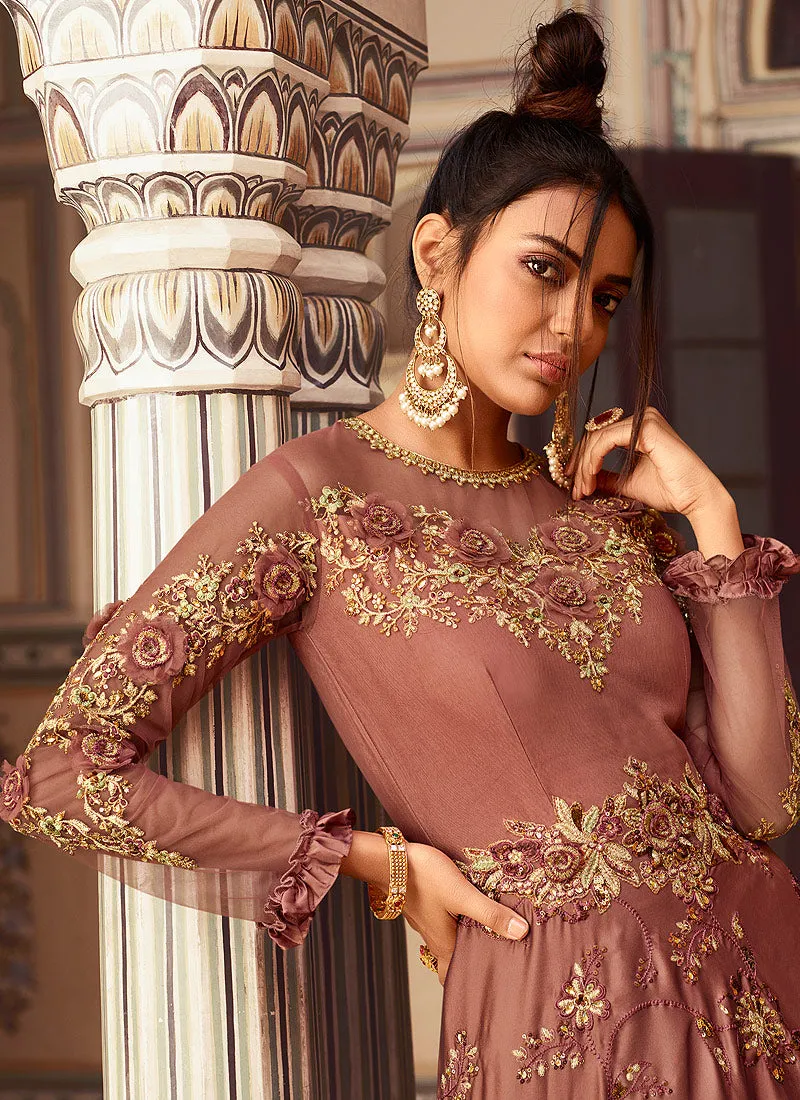 Burnt Red Embroidered Designer Anarkali Gown