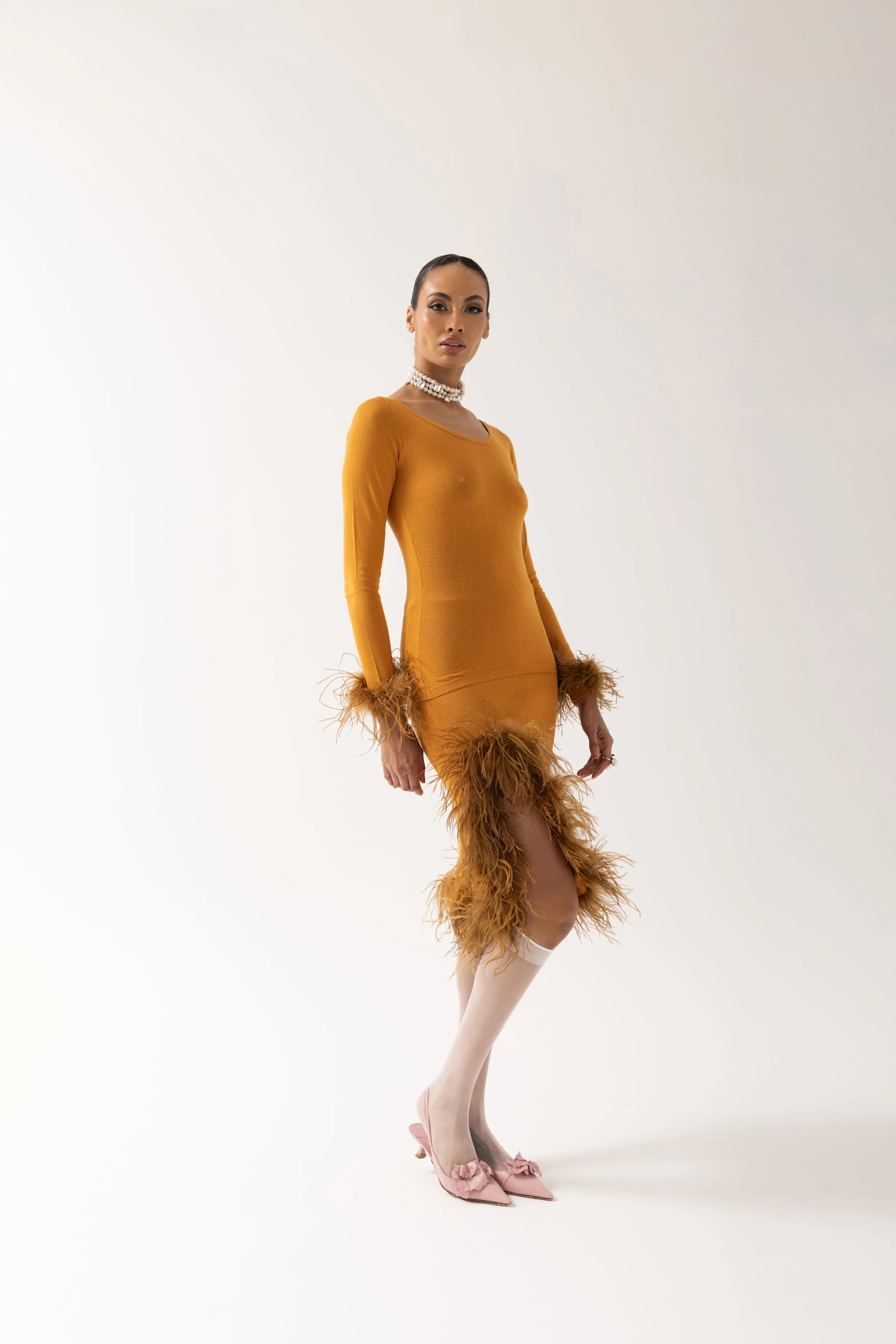 Camel Knit Top With Detachable Feather Cuffs