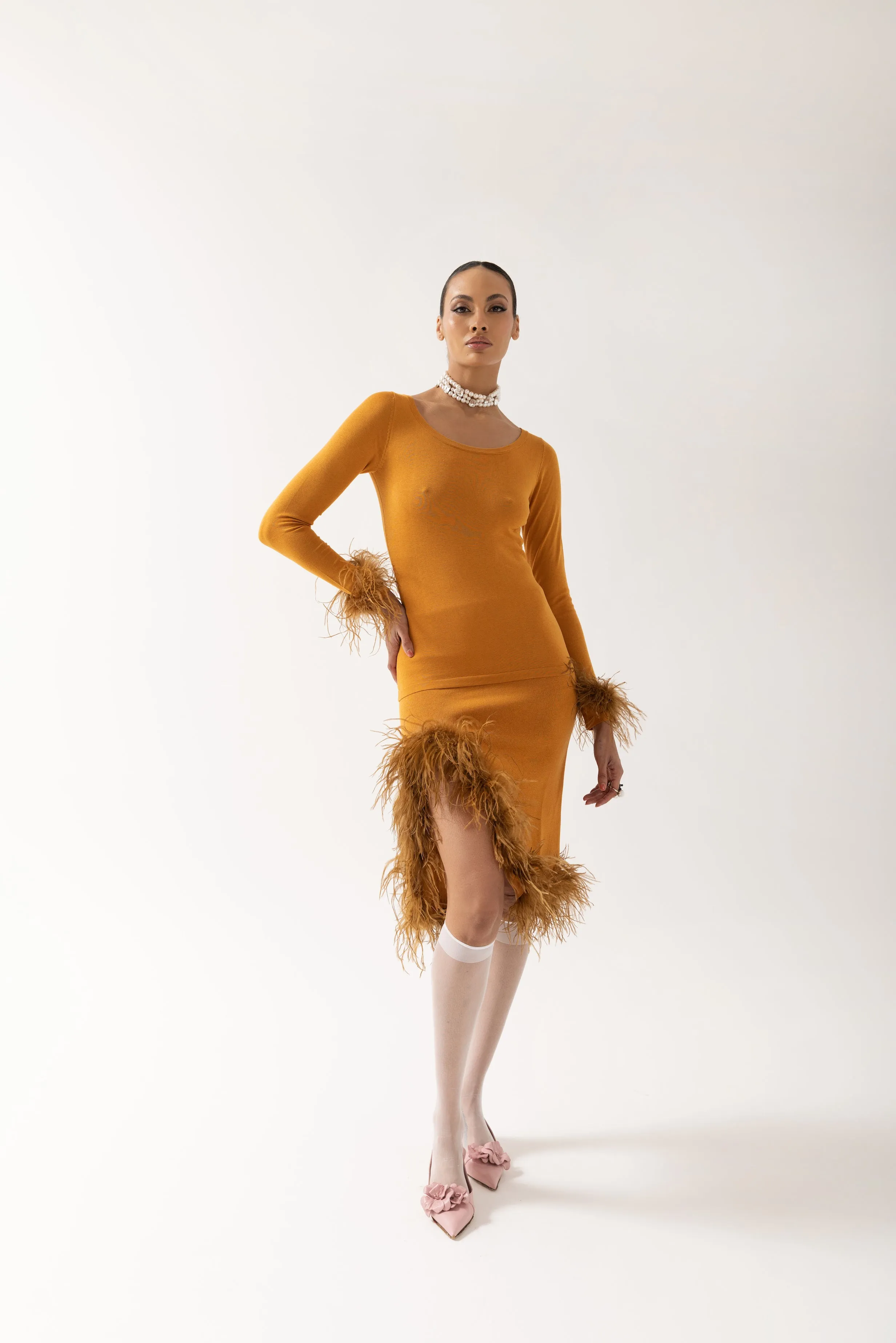 Camel Knit Top With Detachable Feather Cuffs