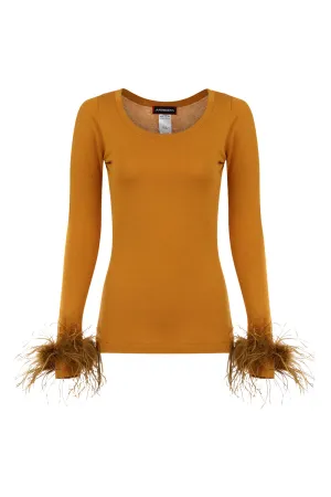 Camel Knit Top With Detachable Feather Cuffs