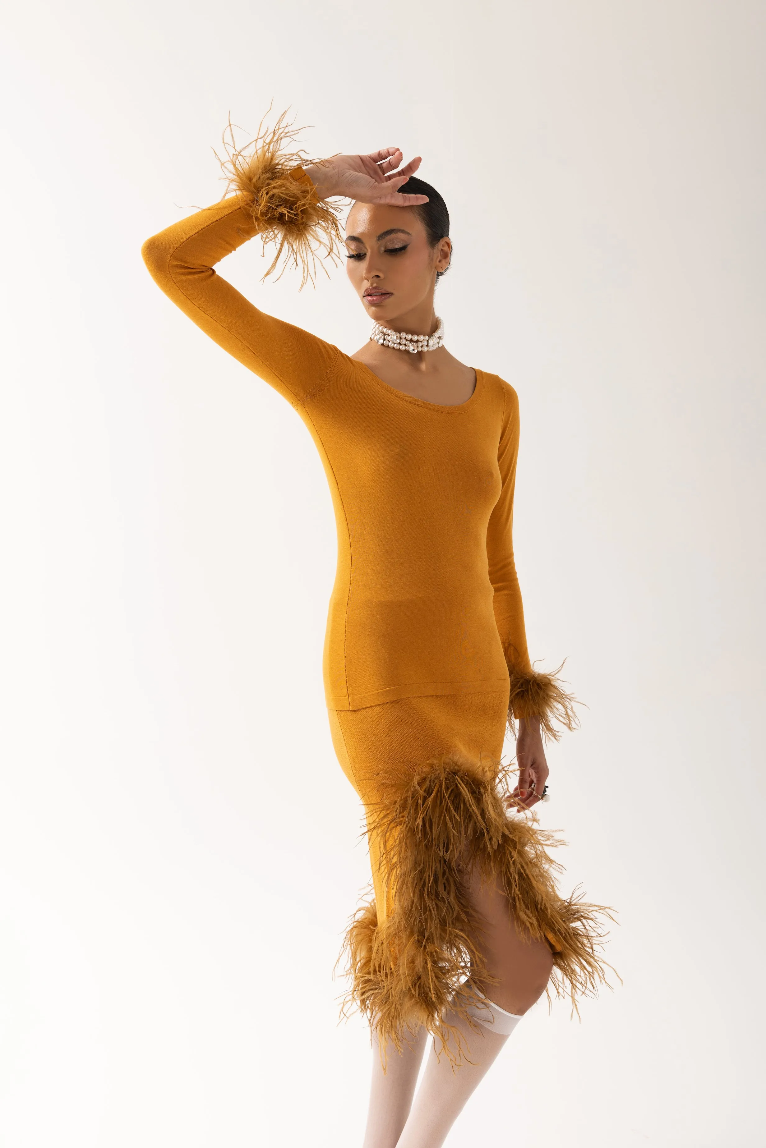 Camel Knit Top With Detachable Feather Cuffs