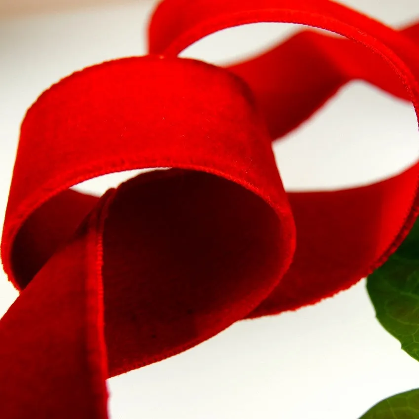 Cardinal Red Silk Cotton Satin Back Velvet Ribbon Mousquetaire Brand by J.B. David St. Etienne Vintage from France 28mm