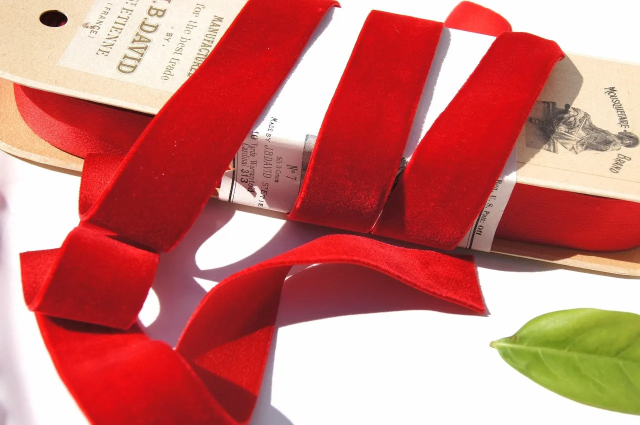 Cardinal Red Silk Cotton Satin Back Velvet Ribbon Mousquetaire Brand by J.B. David St. Etienne Vintage from France 28mm