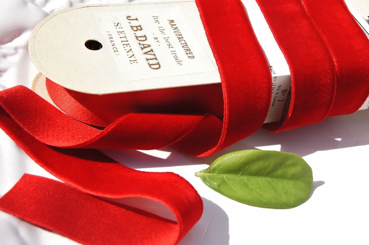 Cardinal Red Silk Cotton Satin Back Velvet Ribbon Mousquetaire Brand by J.B. David St. Etienne Vintage from France 28mm