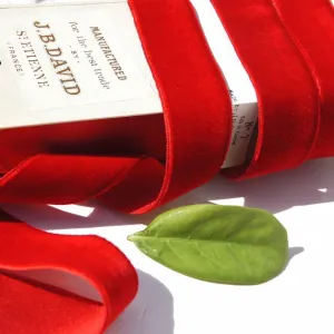 Cardinal Red Silk Cotton Satin Back Velvet Ribbon Mousquetaire Brand by J.B. David St. Etienne Vintage from France 28mm