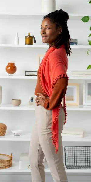 Cashmere Pom Pom Triangle Wrap in Guava
