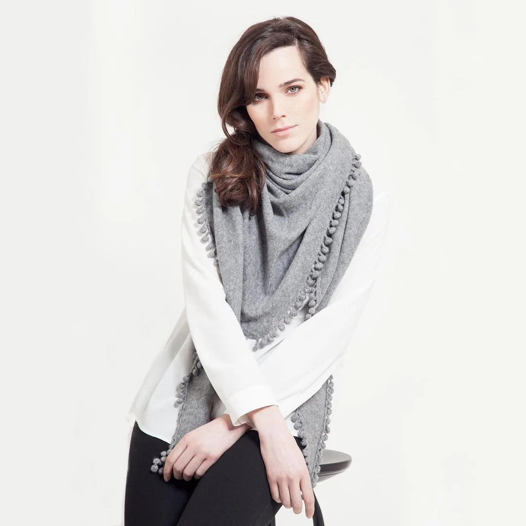 Cashmere Pom Pom Triangle Wrap in Ivory