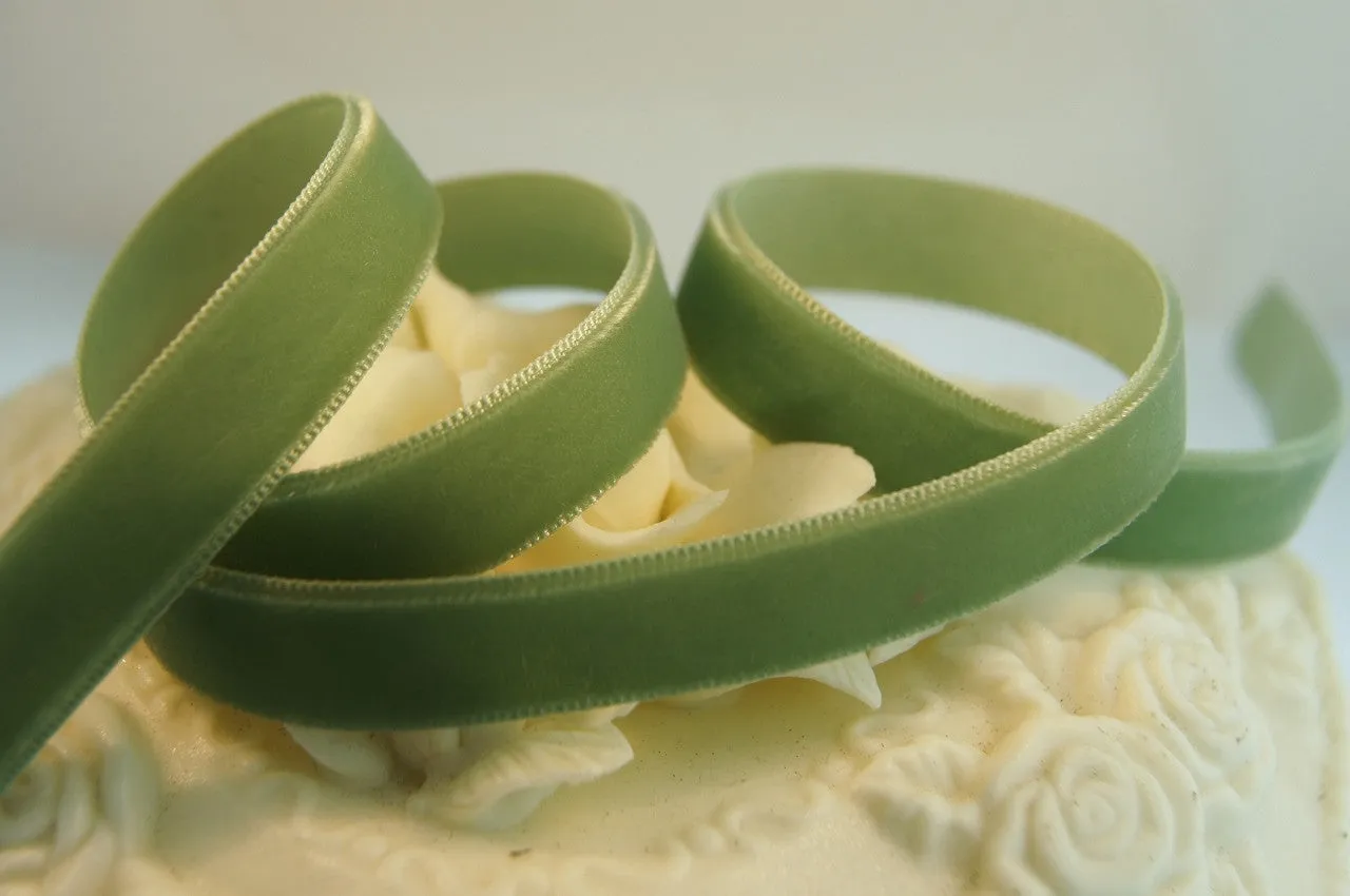 Celadon Green Velvet Ribbon Vintage from Switzerland 9mm