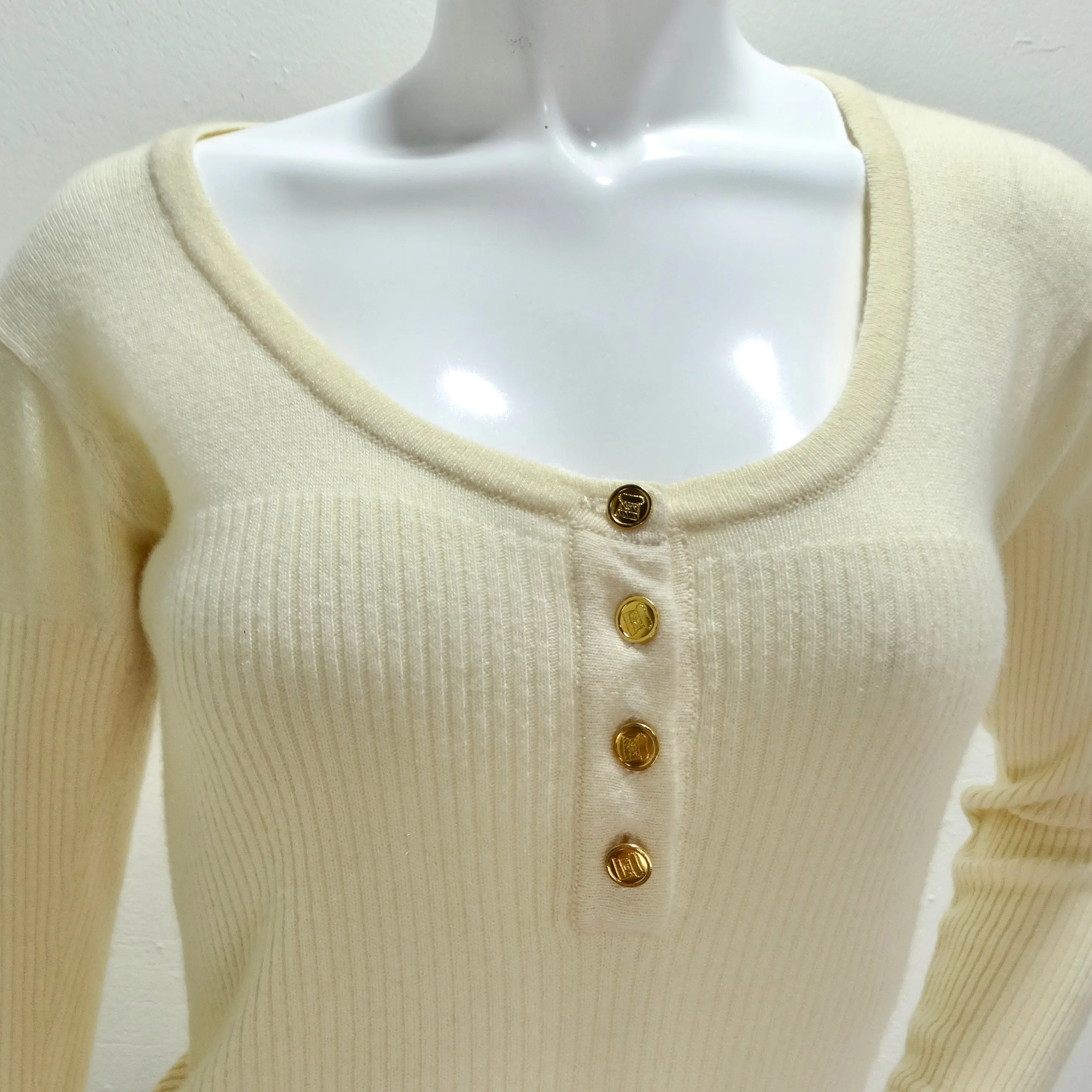 Chanel 1990s Ruffle Trim Tie Knit Cashmere Sweater