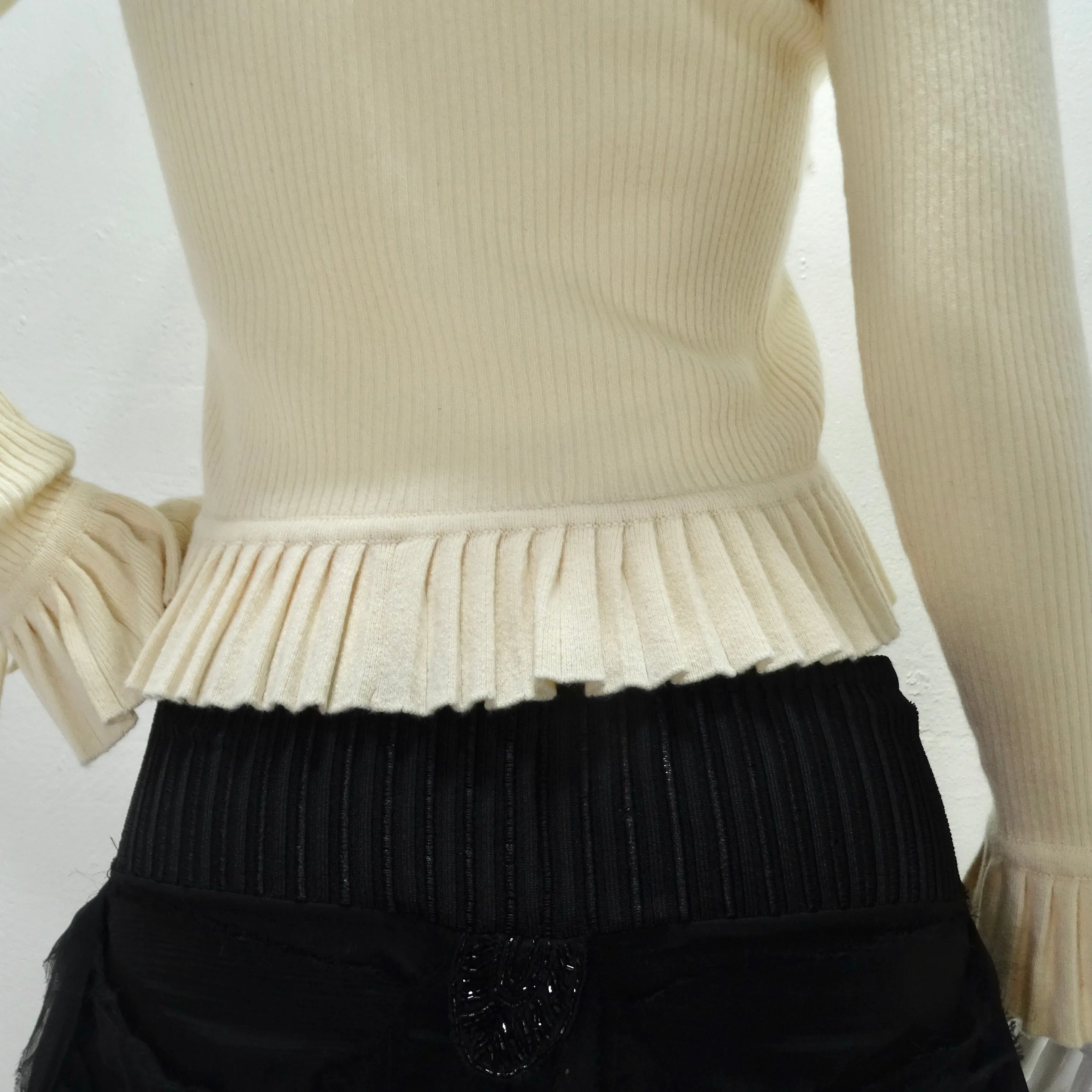Chanel 1990s Ruffle Trim Tie Knit Cashmere Sweater