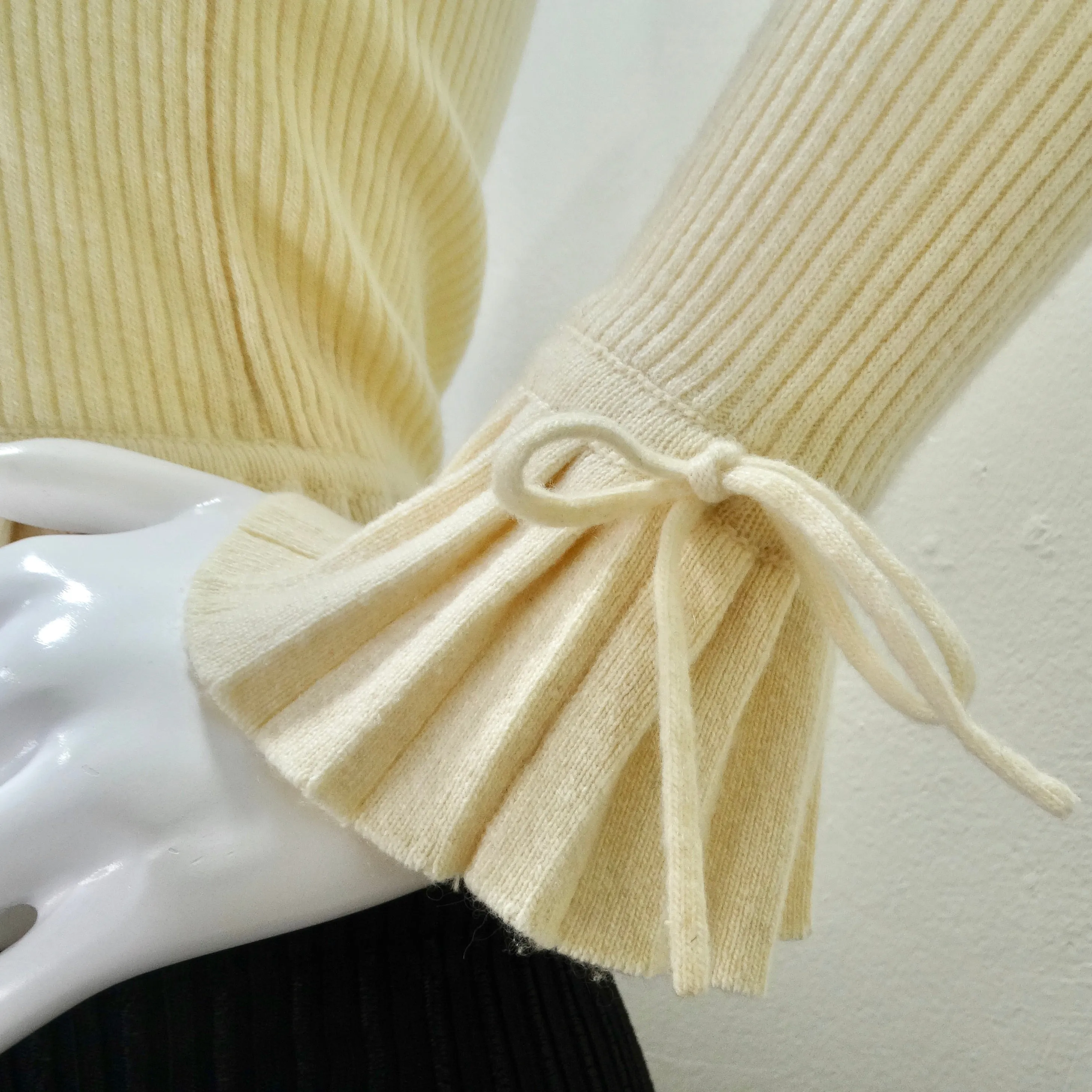 Chanel 1990s Ruffle Trim Tie Knit Cashmere Sweater