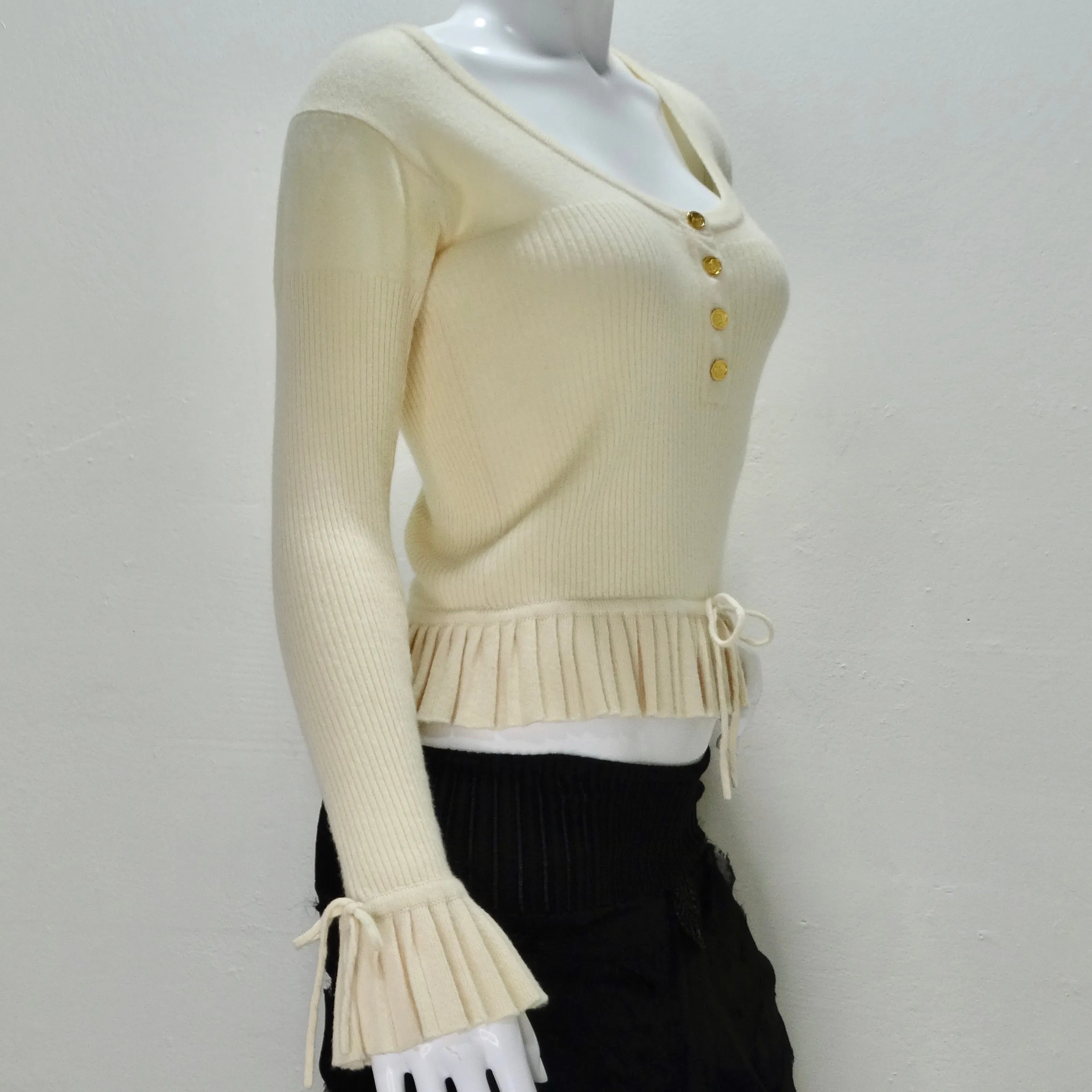 Chanel 1990s Ruffle Trim Tie Knit Cashmere Sweater