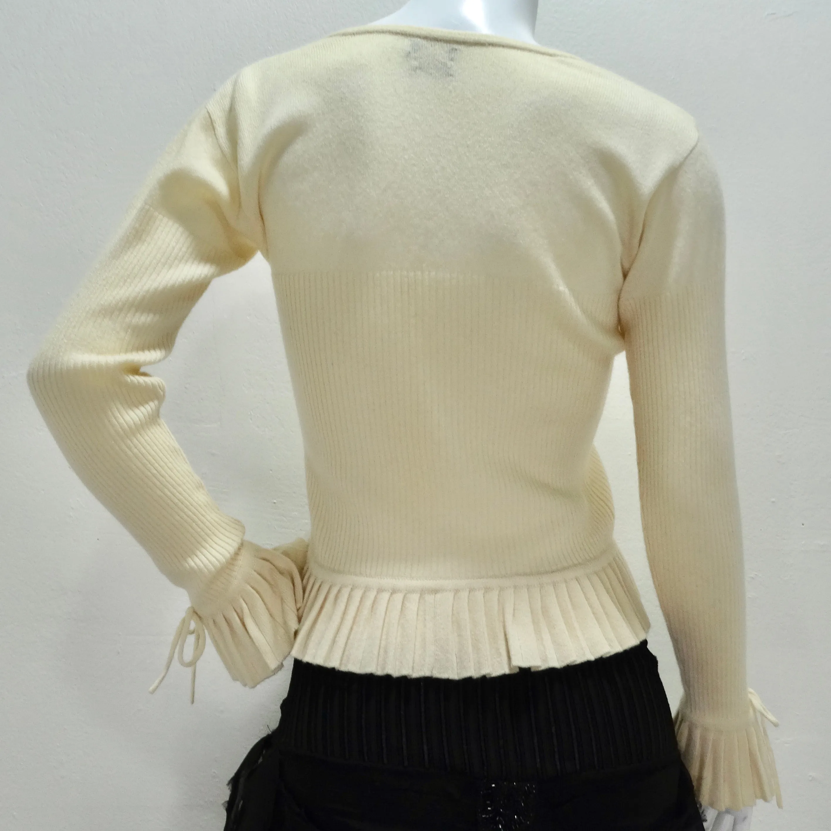 Chanel 1990s Ruffle Trim Tie Knit Cashmere Sweater