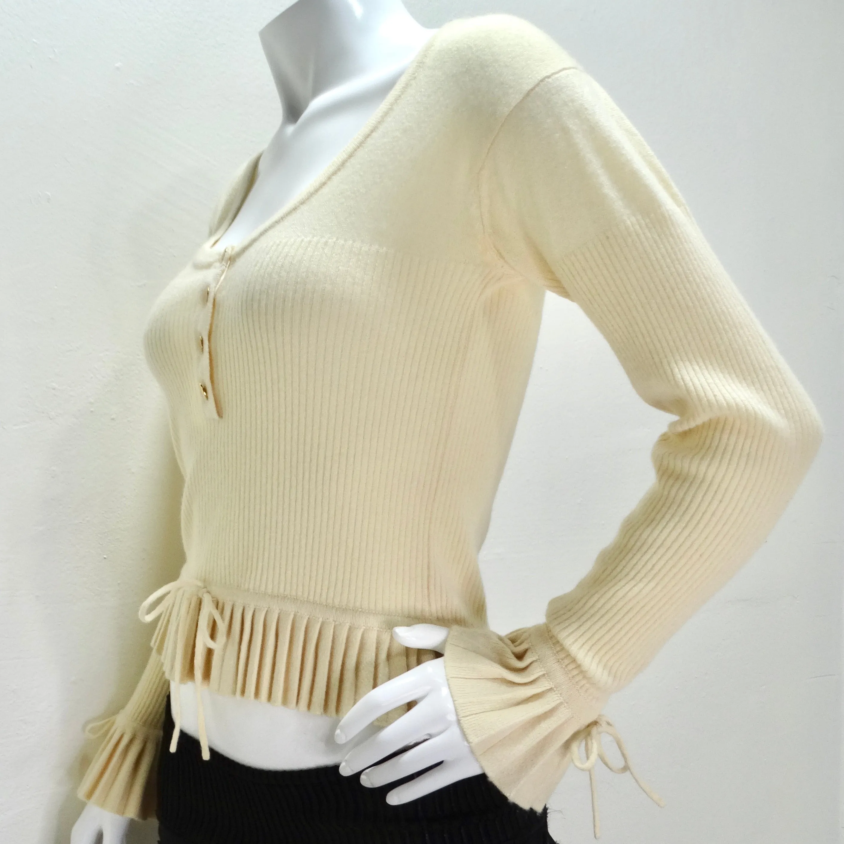 Chanel 1990s Ruffle Trim Tie Knit Cashmere Sweater