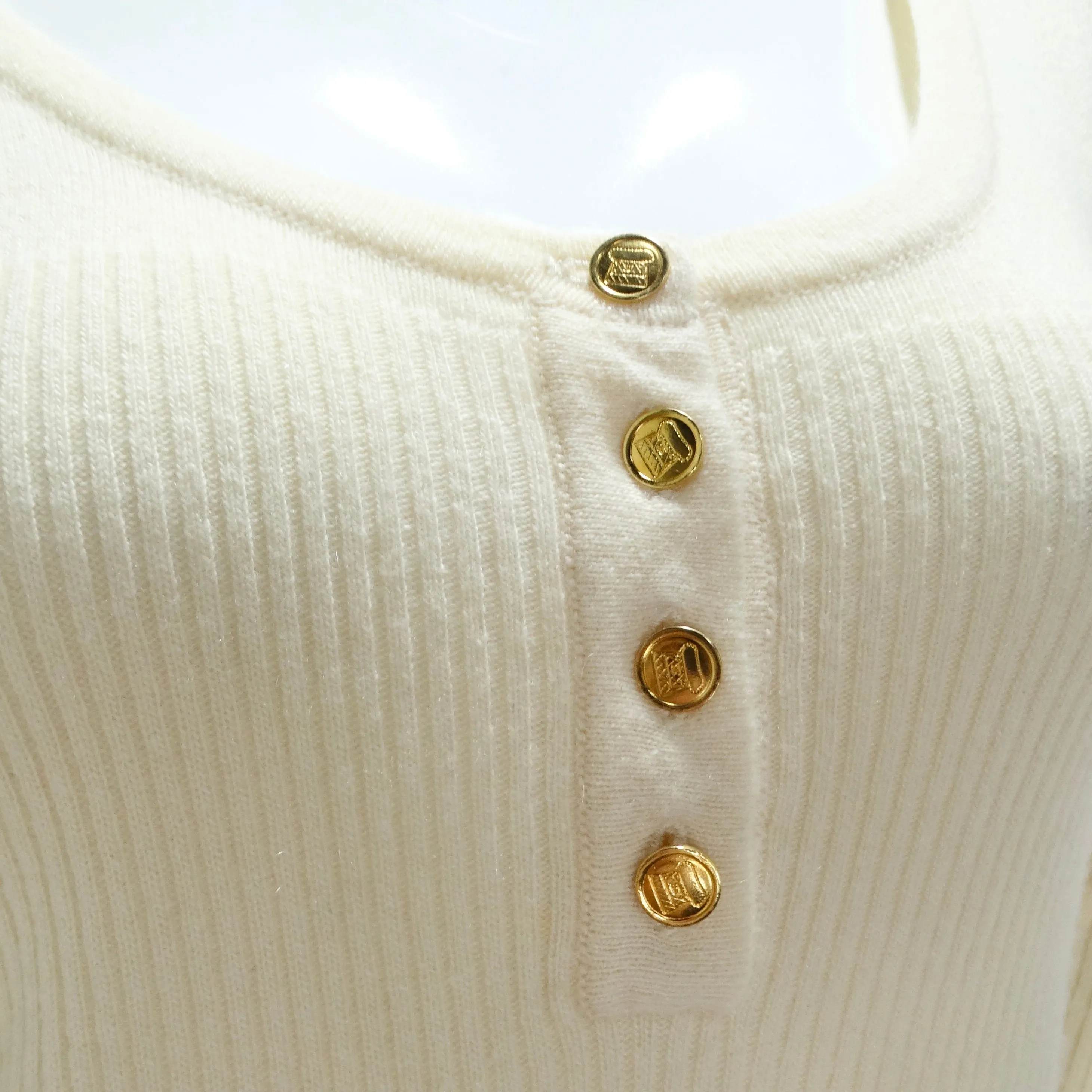 Chanel 1990s Ruffle Trim Tie Knit Cashmere Sweater