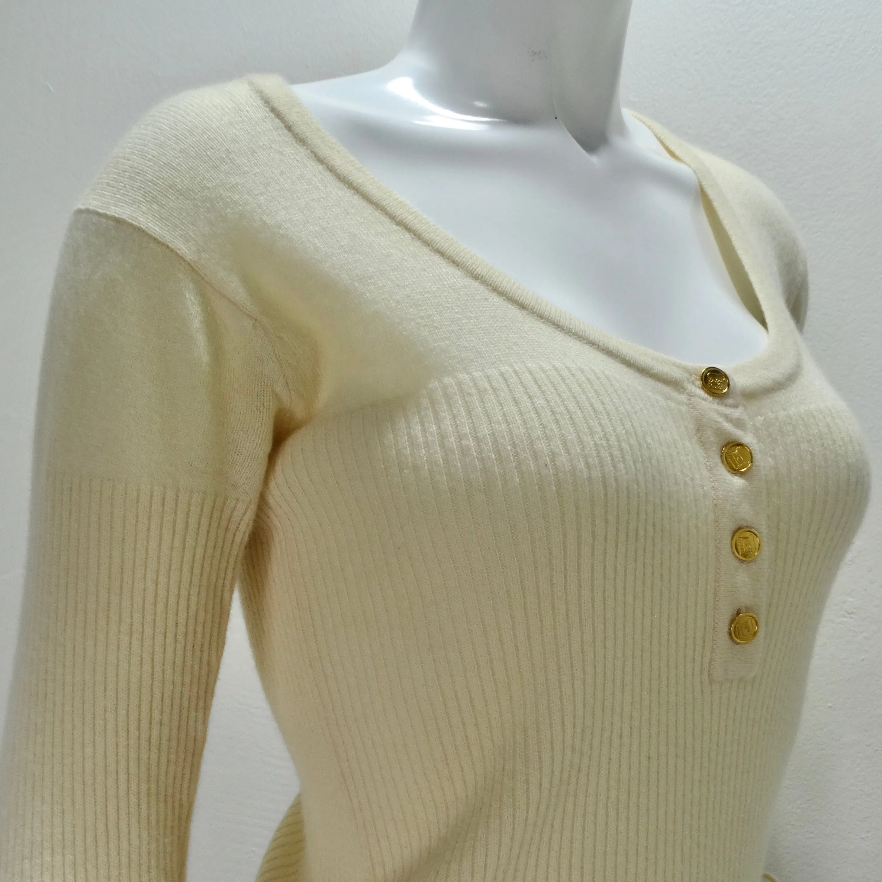 Chanel 1990s Ruffle Trim Tie Knit Cashmere Sweater