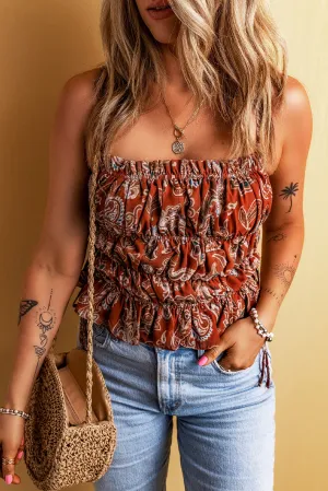 Chestnut Paisley Print Elastic Pleated Tiered Tank Top
