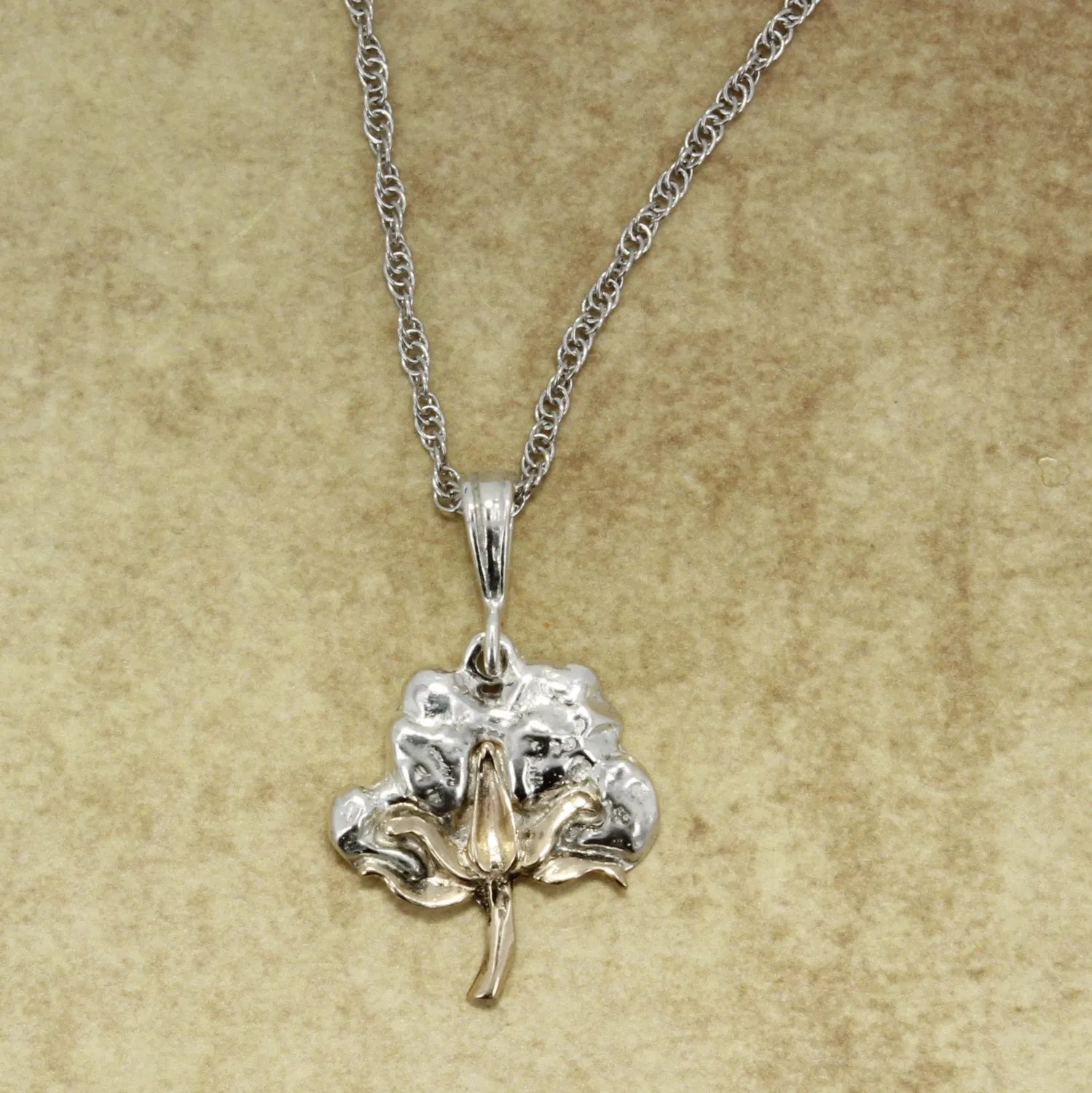 Cotton Boll Necklace 14kt Gold and Sterling Silver