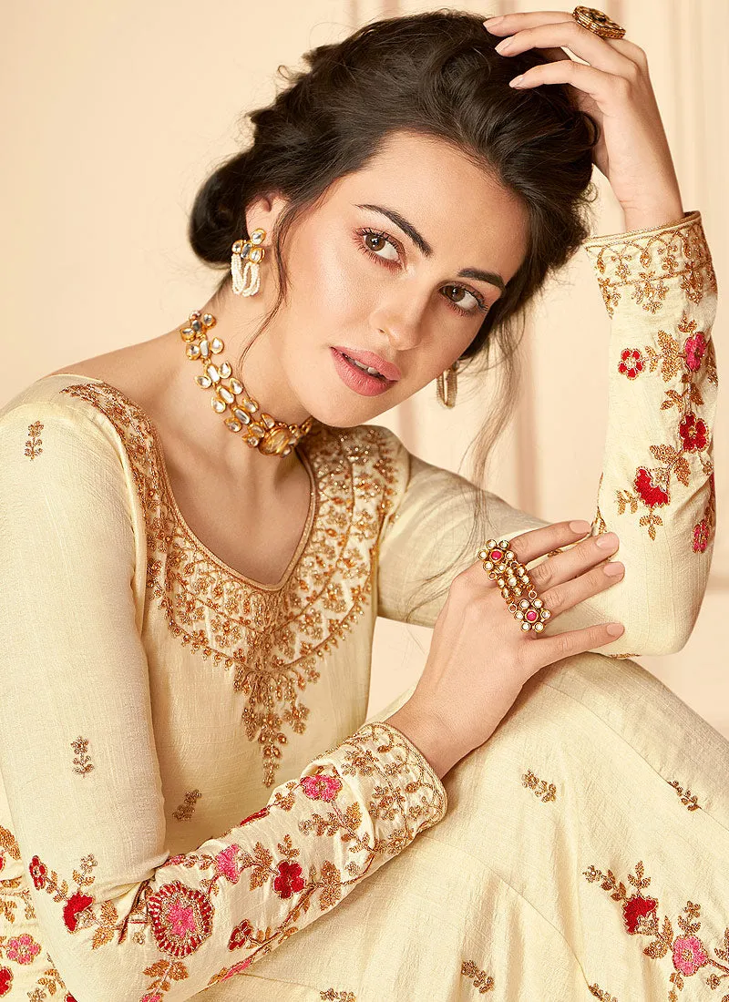 Cream Multi Embroidered Anarkali Suit