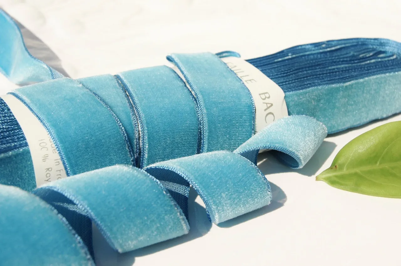 Crystal Blue Velvet Ribbon Vintage from France 22mm